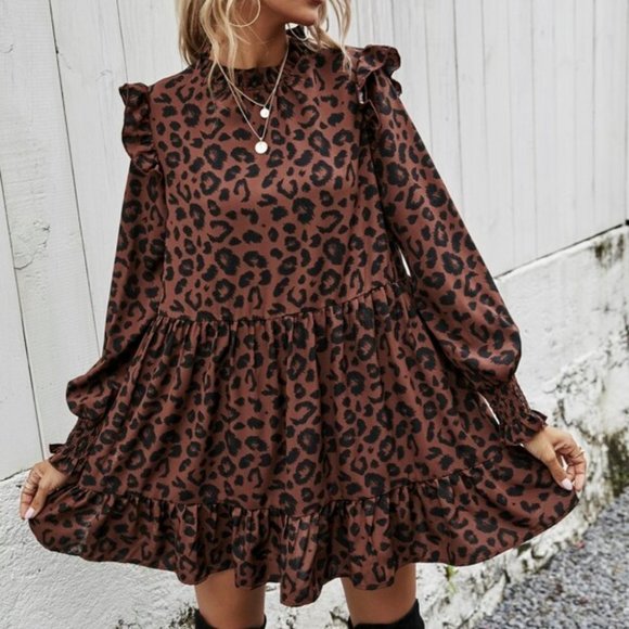 Leopard Print Babydoll Mini Dress - Picture 1 of 10